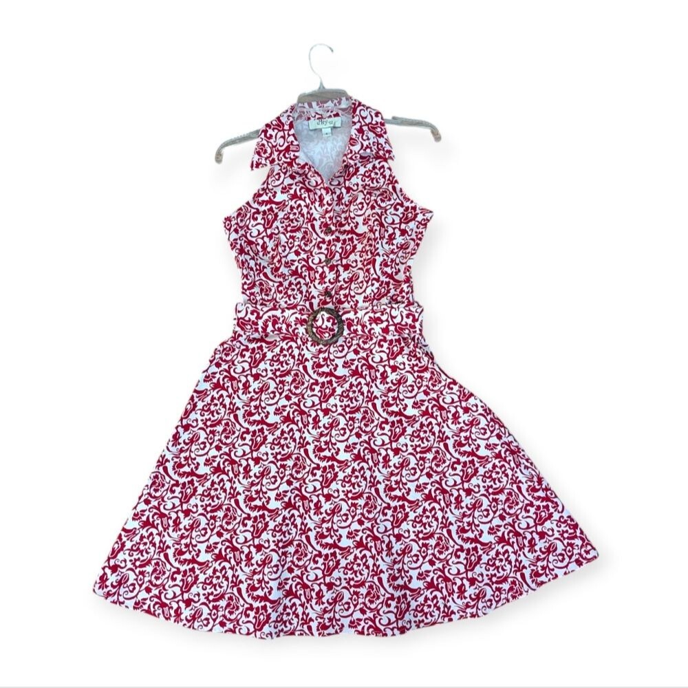 Vintage 90s Red And White Floral Belted Shirt Dress